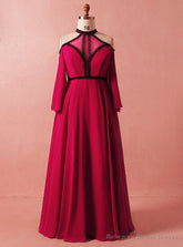 Plus Size Red Long Sleeve High Neck Backless High Waist Prom Dress